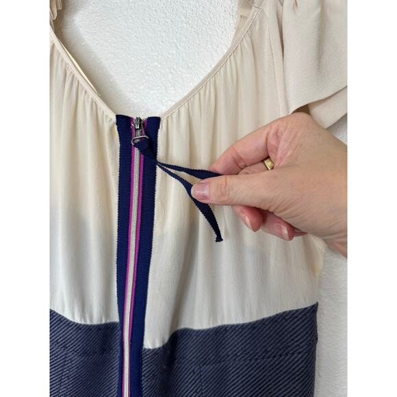 Rebecca Taylor Cream Ruffle Pleat Shoulder Blue Jean Stripe Linen Sheath Dress 0 - Picture 7 of 12